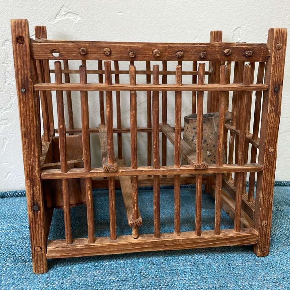 Amazing primitive handmade coal miner’s canary birdcage with pottery water bowl